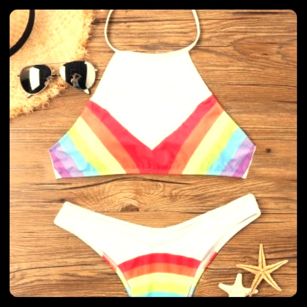 Rainbow Print Halter Neckline Bikini